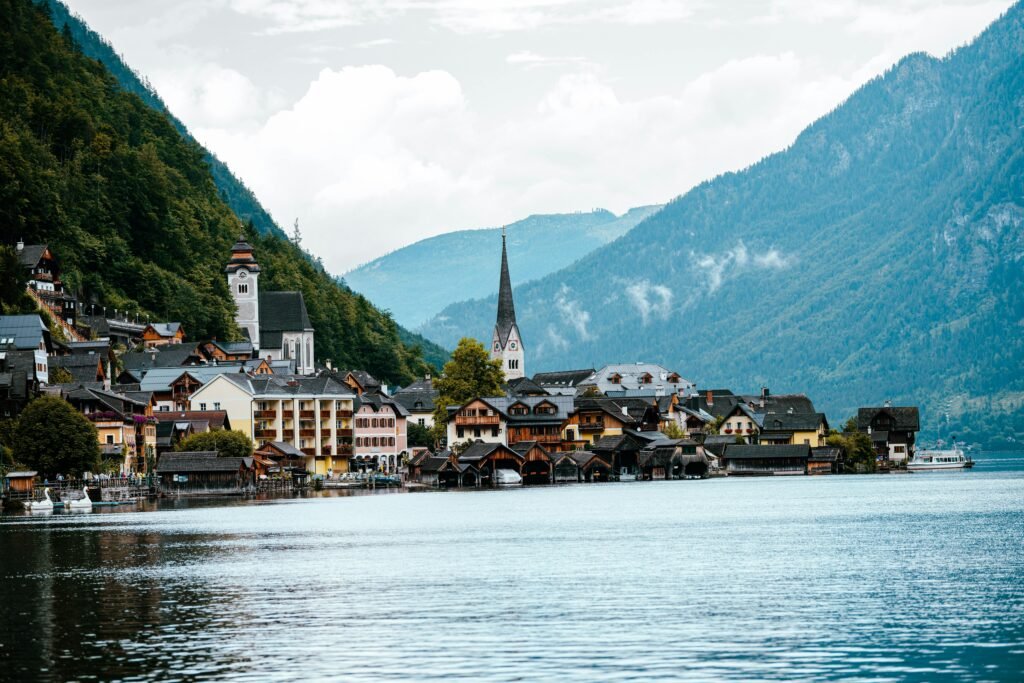 Picturesque view of Hallstatt, Austria with its iconic lakeside village and mountain backdrop.